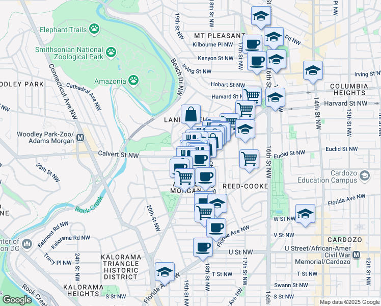 map of restaurants, bars, coffee shops, grocery stores, and more near 1794 Lanier Place Northwest in Washington