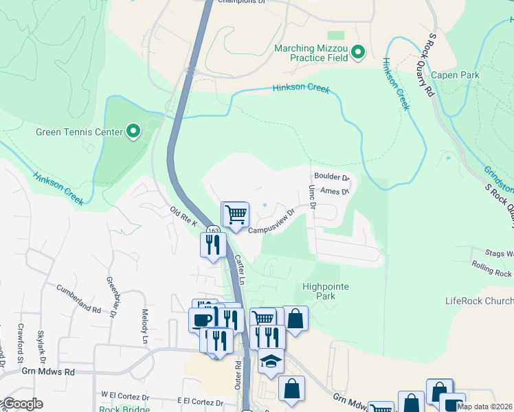 map of restaurants, bars, coffee shops, grocery stores, and more near 2502 Boulder Springs Court in Columbia
