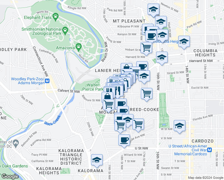 map of restaurants, bars, coffee shops, grocery stores, and more near 1794 Lanier Place Northwest in Washington