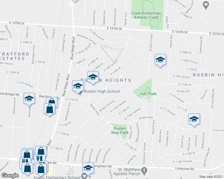 map of restaurants, bars, coffee shops, grocery stores, and more near 7512 East 112th Street in Kansas City