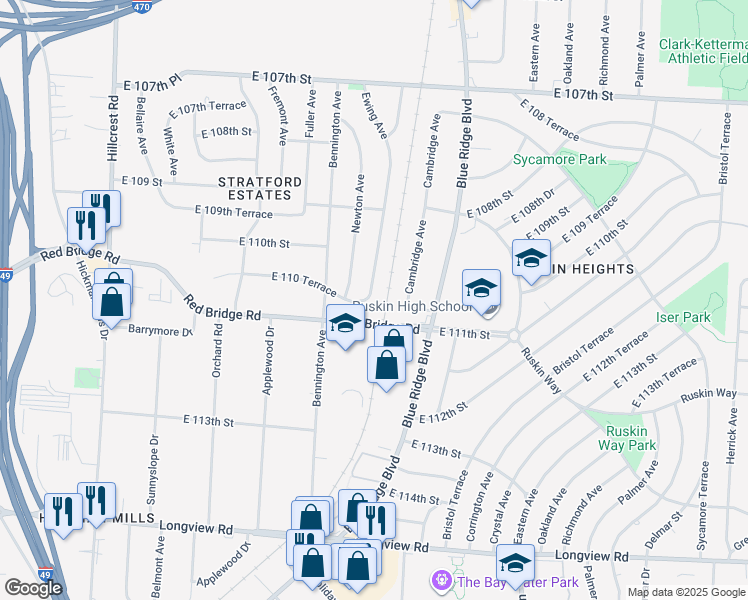 map of restaurants, bars, coffee shops, grocery stores, and more near 11011 Ewing Avenue in Kansas City