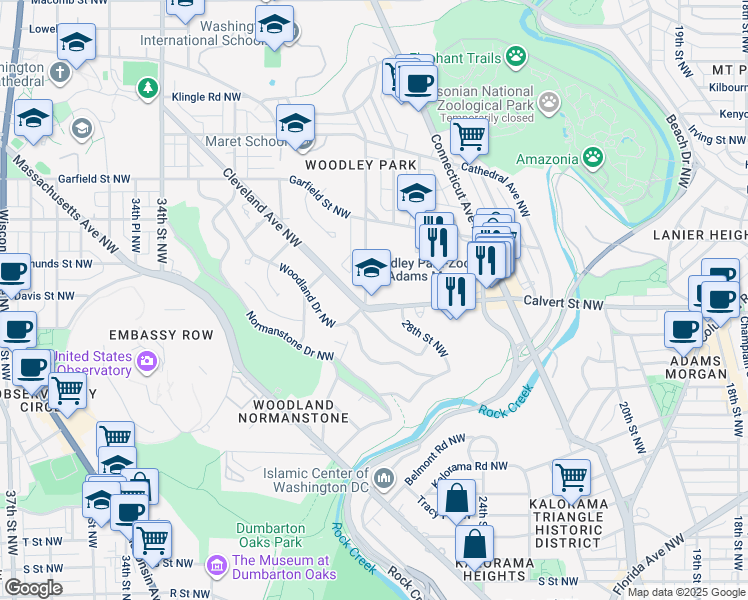 map of restaurants, bars, coffee shops, grocery stores, and more near 2801 Calvert Street Northwest in Washington