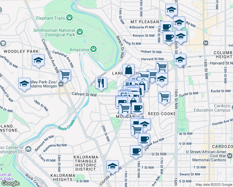 map of restaurants, bars, coffee shops, grocery stores, and more near 1849 Calvert Street Northwest in Washington
