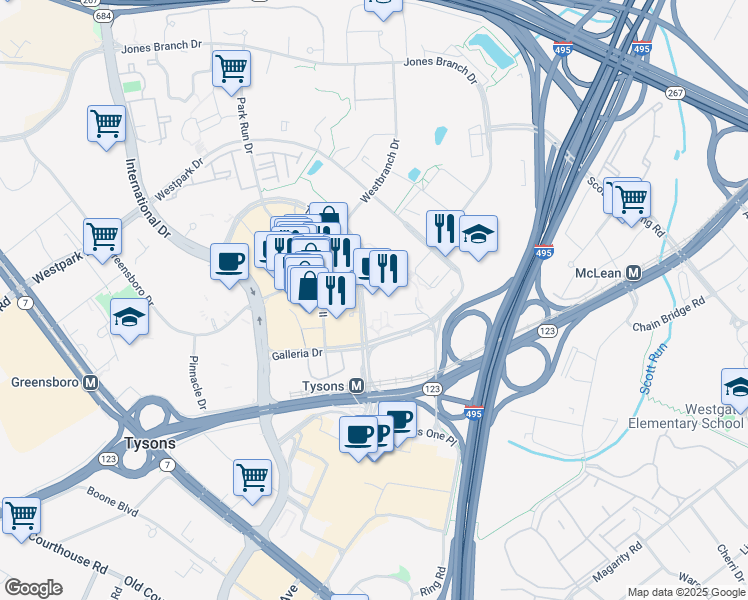 map of restaurants, bars, coffee shops, grocery stores, and more near 1775 Tysons Boulevard in McLean