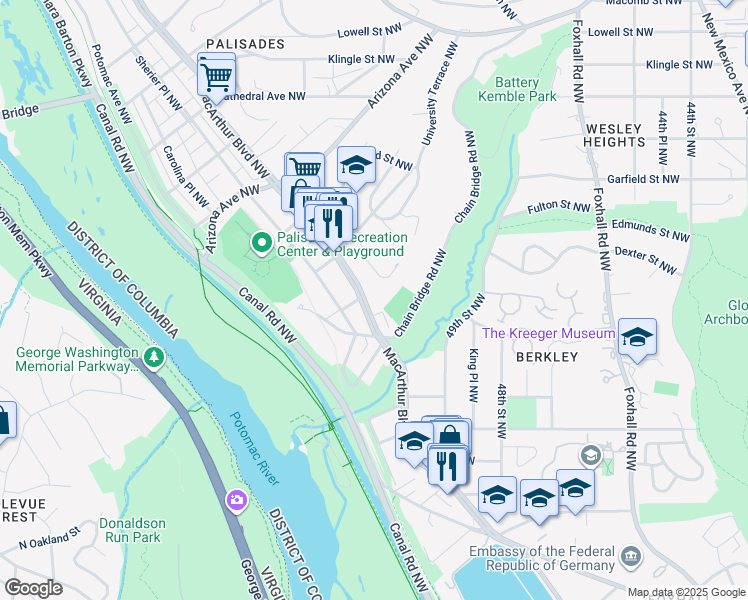 map of restaurants, bars, coffee shops, grocery stores, and more near 5027 MacArthur Boulevard Northwest in Washington