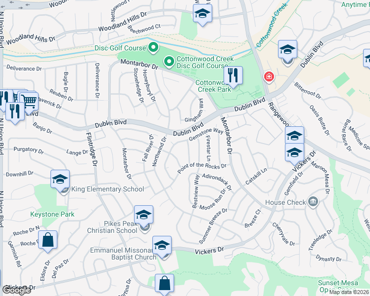 map of restaurants, bars, coffee shops, grocery stores, and more near 6375 Shirecliff Drive in Colorado Springs