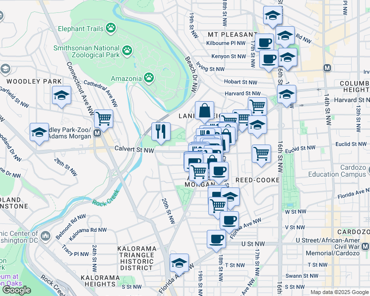 map of restaurants, bars, coffee shops, grocery stores, and more near 1849 Calvert Street Northwest in Washington