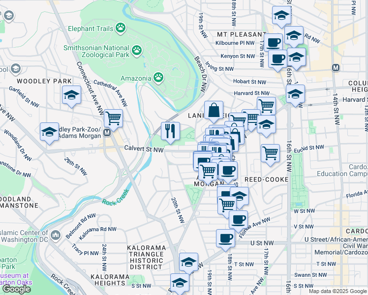 map of restaurants, bars, coffee shops, grocery stores, and more near 1929 Calvert Street Northwest in Washington