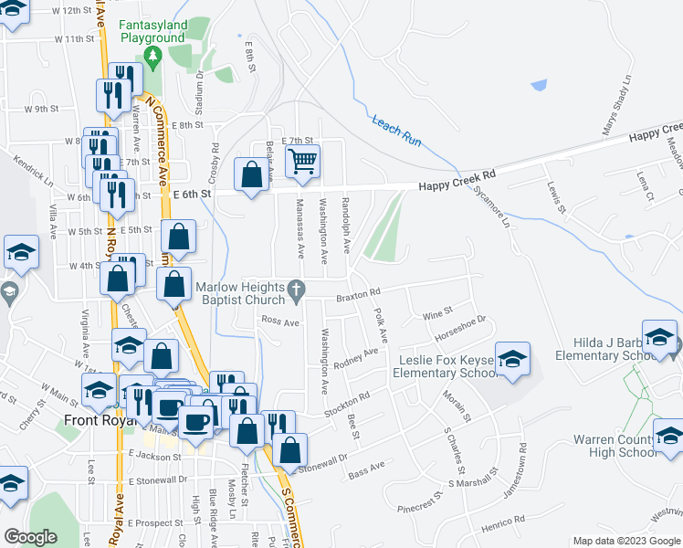 map of restaurants, bars, coffee shops, grocery stores, and more near 402 Randolph Avenue in Front Royal