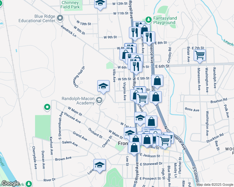 map of restaurants, bars, coffee shops, grocery stores, and more near 325 Villa Avenue in Front Royal
