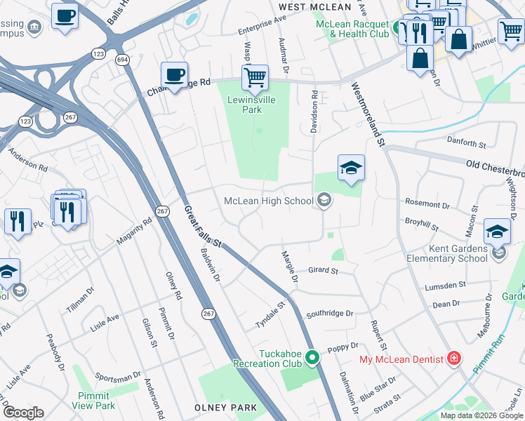 map of restaurants, bars, coffee shops, grocery stores, and more near 1635 Warner Avenue in McLean