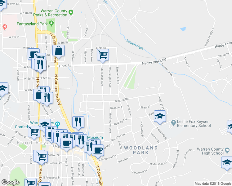 map of restaurants, bars, coffee shops, grocery stores, and more near 402 Randolph Avenue in Front Royal