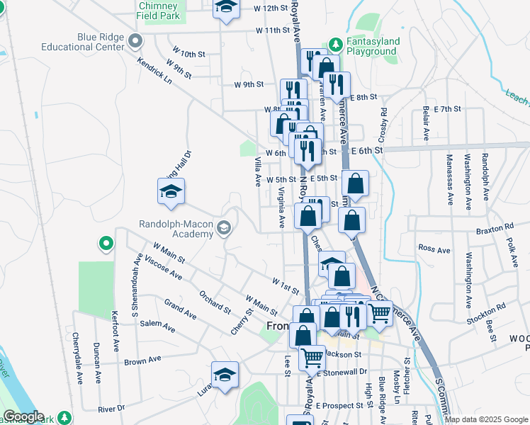 map of restaurants, bars, coffee shops, grocery stores, and more near 325 Villa Avenue in Front Royal