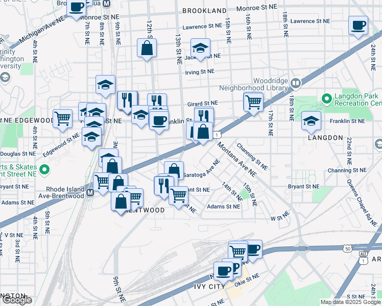 map of restaurants, bars, coffee shops, grocery stores, and more near 1283 Rhode Island Avenue Northeast in Washington