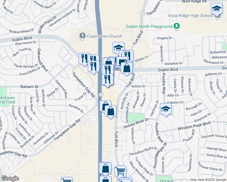 map of restaurants, bars, coffee shops, grocery stores, and more near 6378 Rockville Drive in Colorado Springs