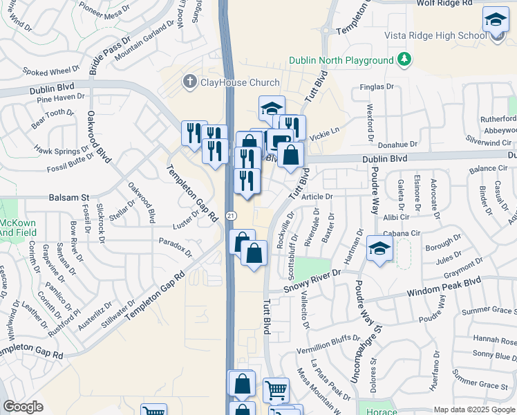 map of restaurants, bars, coffee shops, grocery stores, and more near 6378 Rockville Drive in Colorado Springs