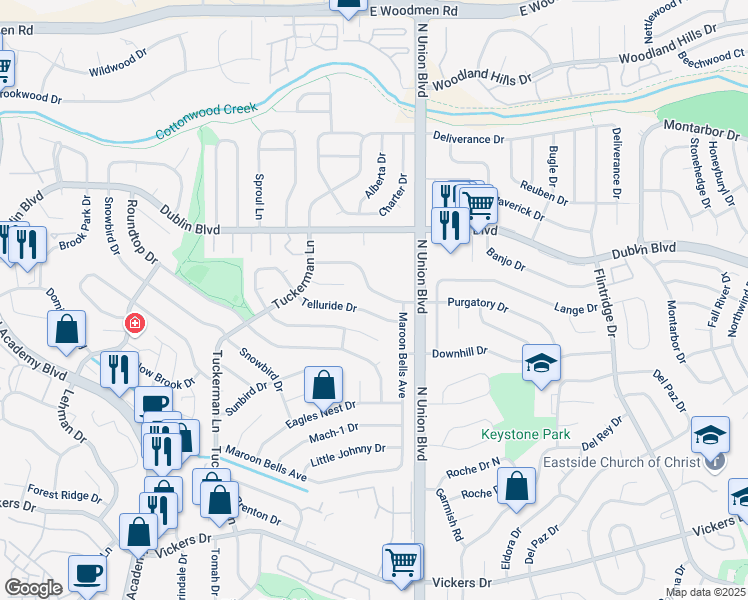 map of restaurants, bars, coffee shops, grocery stores, and more near 2751 Purgatory Drive in Colorado Springs