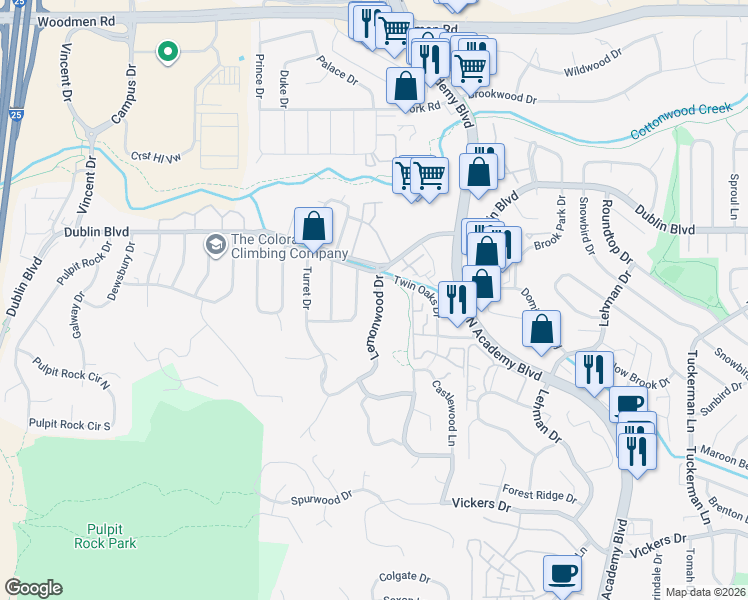 map of restaurants, bars, coffee shops, grocery stores, and more near 6366 Lemonwood Drive in Colorado Springs