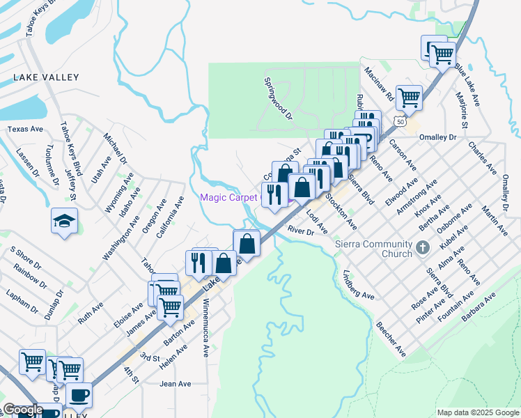 map of restaurants, bars, coffee shops, grocery stores, and more near 2432 Ponderosa Street in South Lake Tahoe