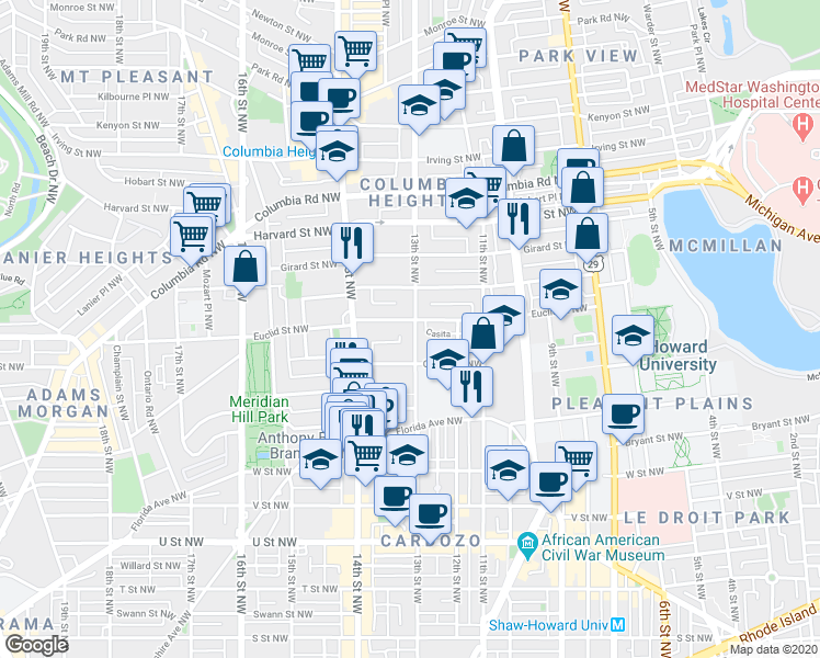 map of restaurants, bars, coffee shops, grocery stores, and more near 101 Independence Avenue Southeast in Washington