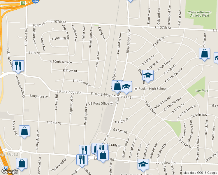 map of restaurants, bars, coffee shops, grocery stores, and more near 11012 Cambridge Avenue in Kansas City