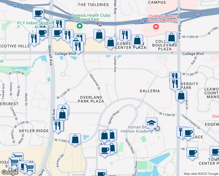 map of restaurants, bars, coffee shops, grocery stores, and more near 11450 Lamar Avenue in Overland Park