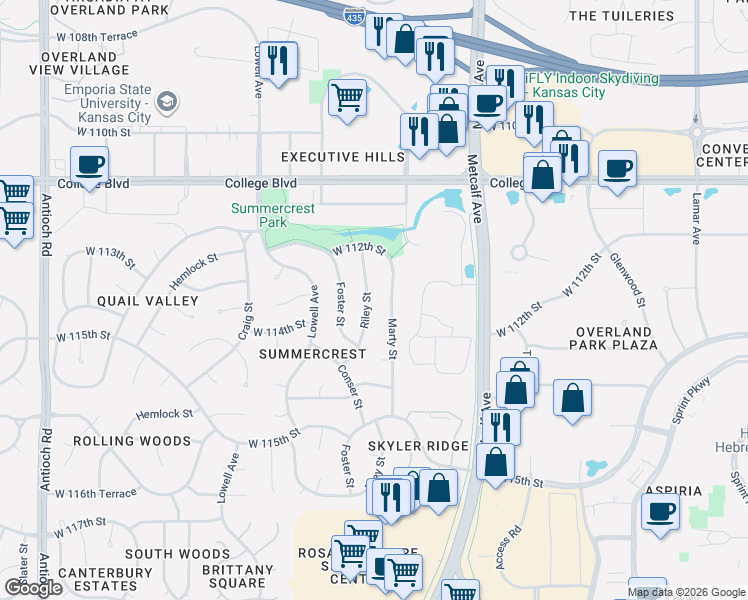 map of restaurants, bars, coffee shops, grocery stores, and more near 11312 Riley Street in Overland Park