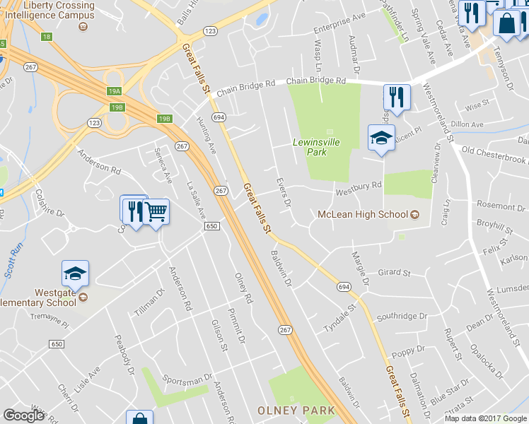 map of restaurants, bars, coffee shops, grocery stores, and more near 1637 Great Falls Street in McLean