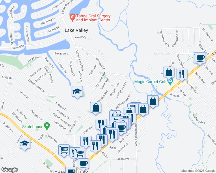 map of restaurants, bars, coffee shops, grocery stores, and more near 2299 Washington Avenue in South Lake Tahoe