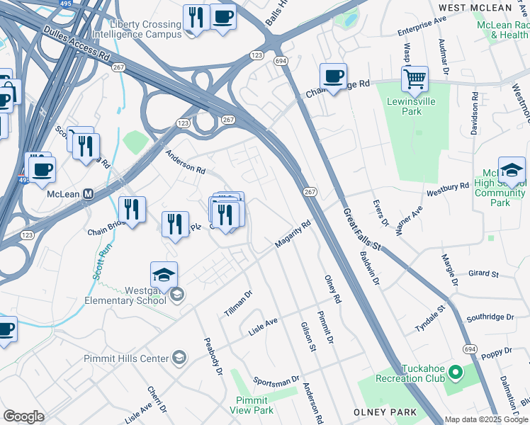 map of restaurants, bars, coffee shops, grocery stores, and more near 1644 Westwind Way in McLean