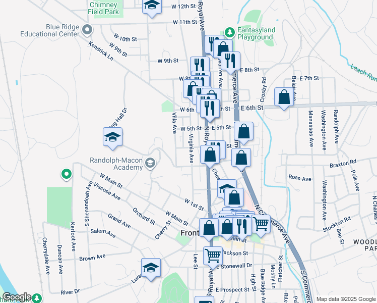 map of restaurants, bars, coffee shops, grocery stores, and more near 328 Virginia Avenue in Front Royal