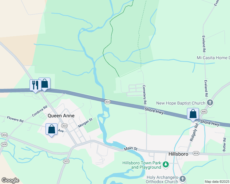 map of restaurants, bars, coffee shops, grocery stores, and more near 21822 Maryland 404 in Ridgely