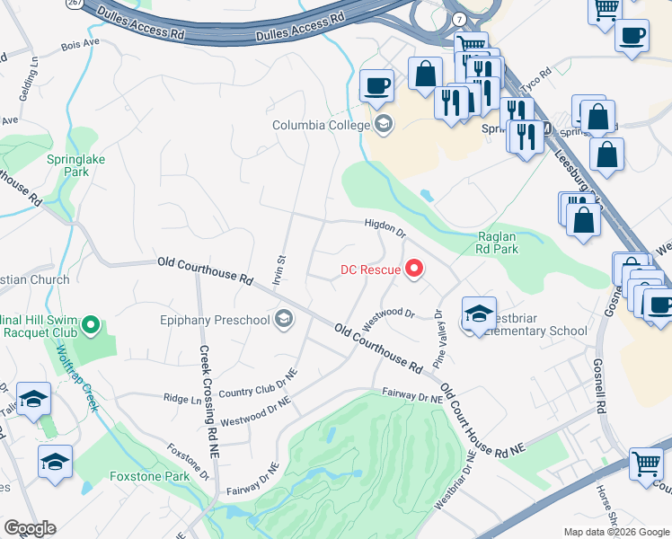 map of restaurants, bars, coffee shops, grocery stores, and more near 1728 Pebble Beach Drive in Vienna