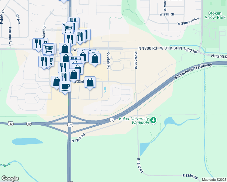 map of restaurants, bars, coffee shops, grocery stores, and more near 3345 Magnolia Circle in Lawrence