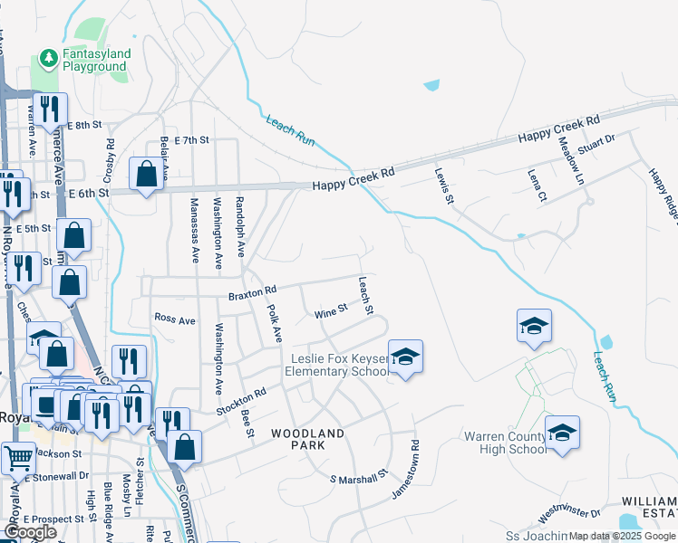 map of restaurants, bars, coffee shops, grocery stores, and more near 1040 Braxton Road in Front Royal