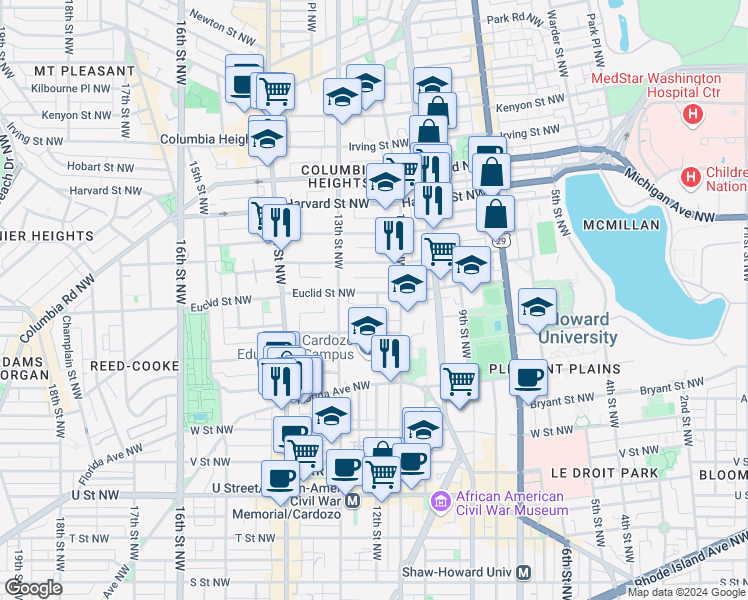 map of restaurants, bars, coffee shops, grocery stores, and more near 1200 Euclid Street Northwest in Washington