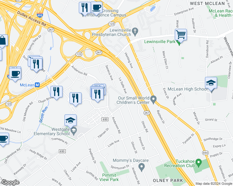 map of restaurants, bars, coffee shops, grocery stores, and more near 1638 Westwind Way in McLean