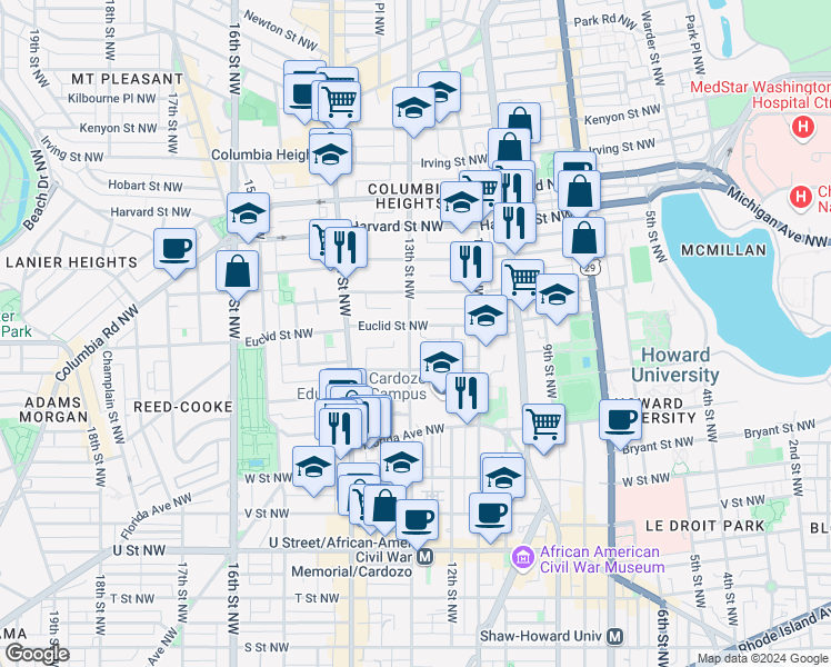 map of restaurants, bars, coffee shops, grocery stores, and more near 101 Independence Avenue Southeast in Washington
