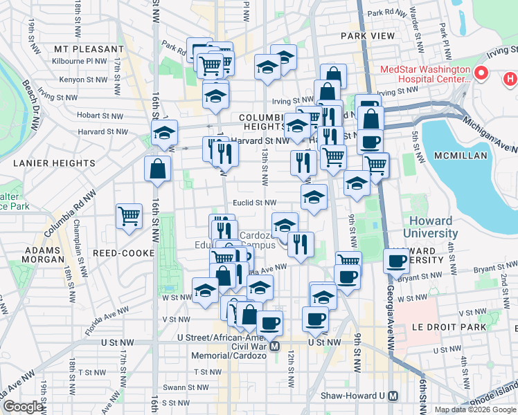 map of restaurants, bars, coffee shops, grocery stores, and more near 101 Independence Avenue Southeast in Washington