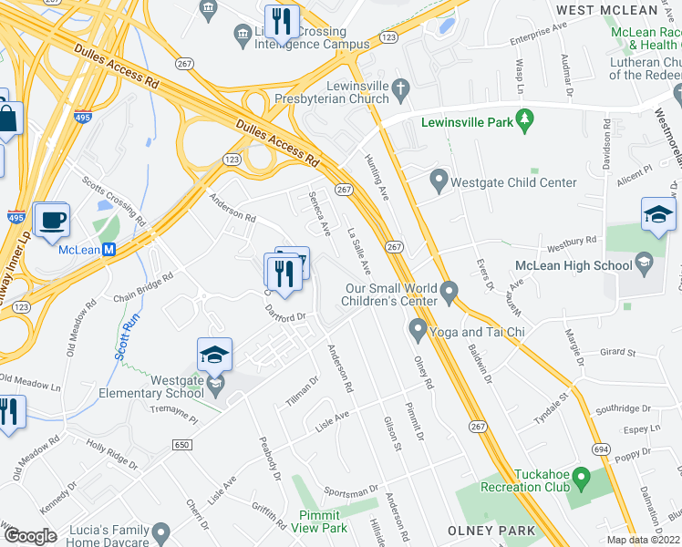 map of restaurants, bars, coffee shops, grocery stores, and more near 1638 Westwind Way in McLean