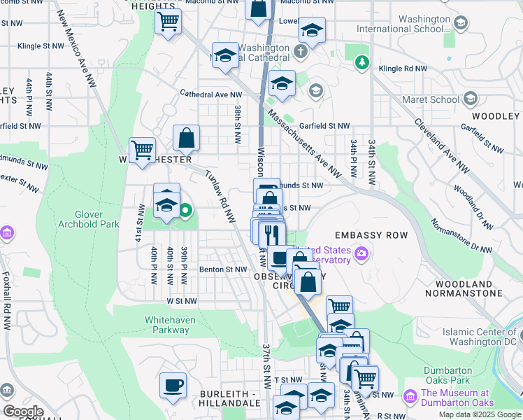map of restaurants, bars, coffee shops, grocery stores, and more near 2600 Wisconsin Avenue in Washington