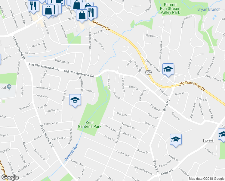 map of restaurants, bars, coffee shops, grocery stores, and more near 6613 Old Chesterbrook Road in McLean
