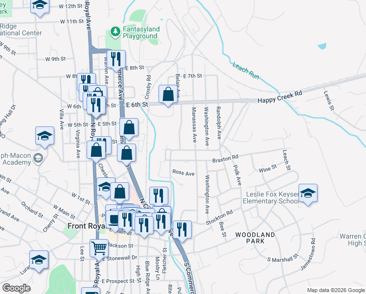 map of restaurants, bars, coffee shops, grocery stores, and more near 500 Happy Creek Road in Front Royal