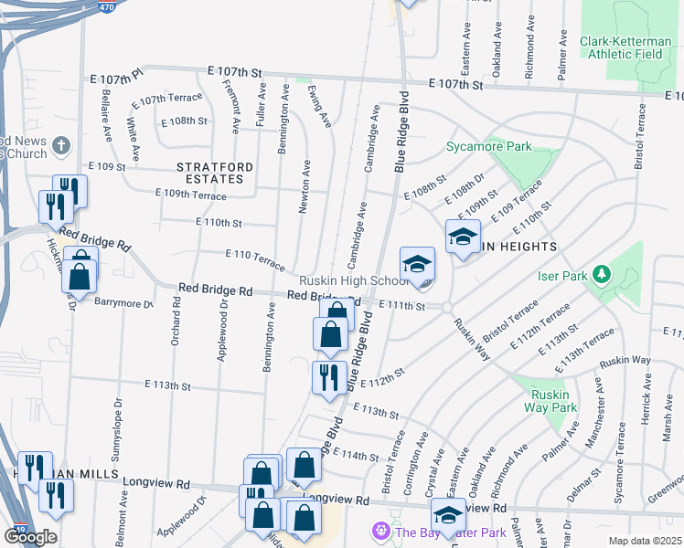 map of restaurants, bars, coffee shops, grocery stores, and more near 11012 Cambridge Avenue in Kansas City