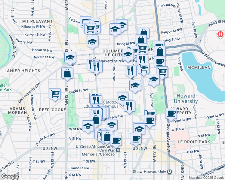 map of restaurants, bars, coffee shops, grocery stores, and more near 1300 Euclid Street Northwest in Washington