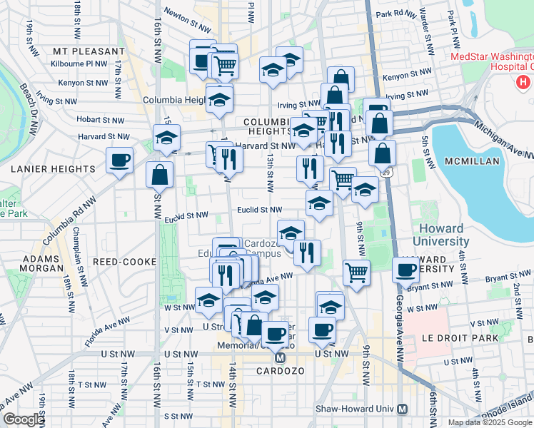 map of restaurants, bars, coffee shops, grocery stores, and more near 1300 Euclid Street Northwest in Washington