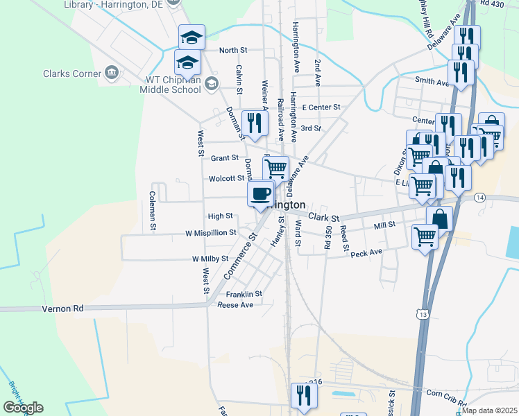 map of restaurants, bars, coffee shops, grocery stores, and more near 6 Dorman Street in Harrington