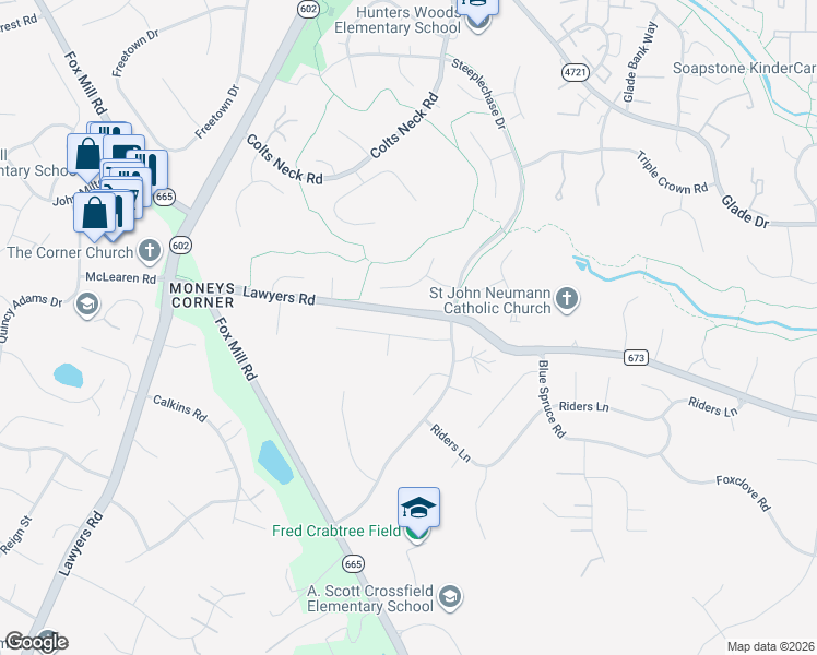 map of restaurants, bars, coffee shops, grocery stores, and more near 12010 Canter Lane in Reston
