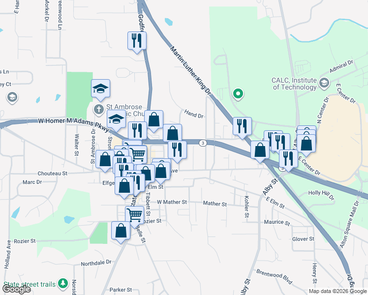 map of restaurants, bars, coffee shops, grocery stores, and more near 2716 Shordell Drive in Godfrey
