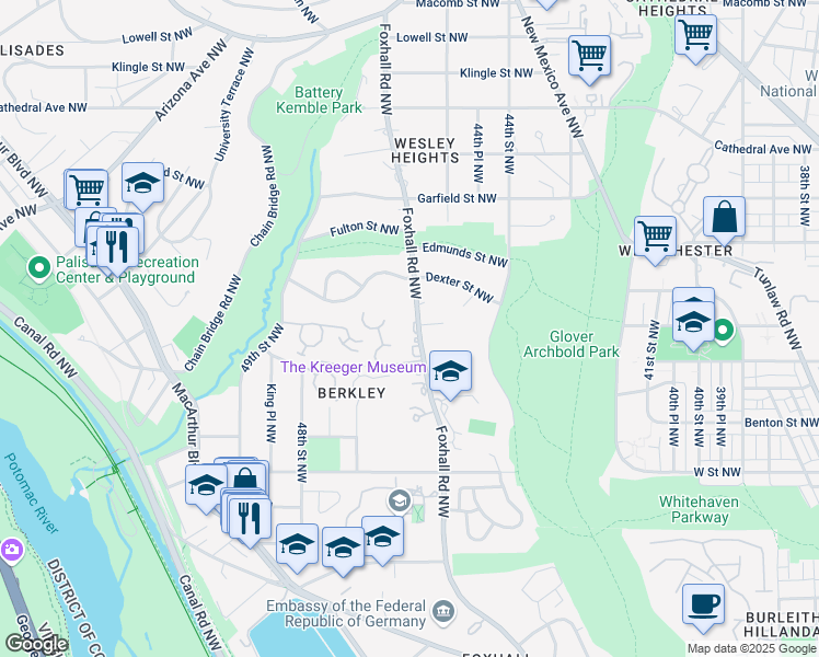 map of restaurants, bars, coffee shops, grocery stores, and more near 2510 Foxhall Road Northwest in Washington